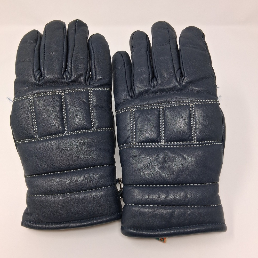 Kombi Vintage Navy Blue Leather Ski Gloves Ladies Small Padded Quilted‎ Fleece